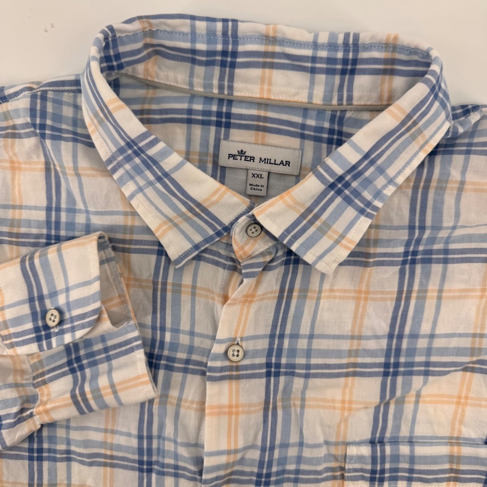 Peter Millar Button Down Men XXL Blue Orange Plaid Long Sleeve Cotton Shirt